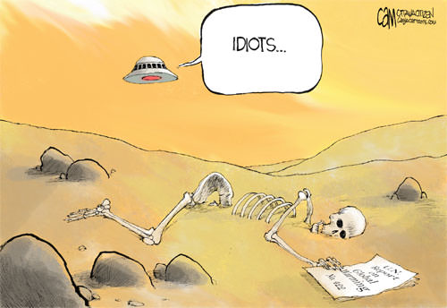 skeleton in a desert clutches to a UN report on climate change