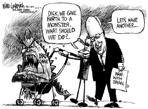 Bush and Cheney shoving a pram