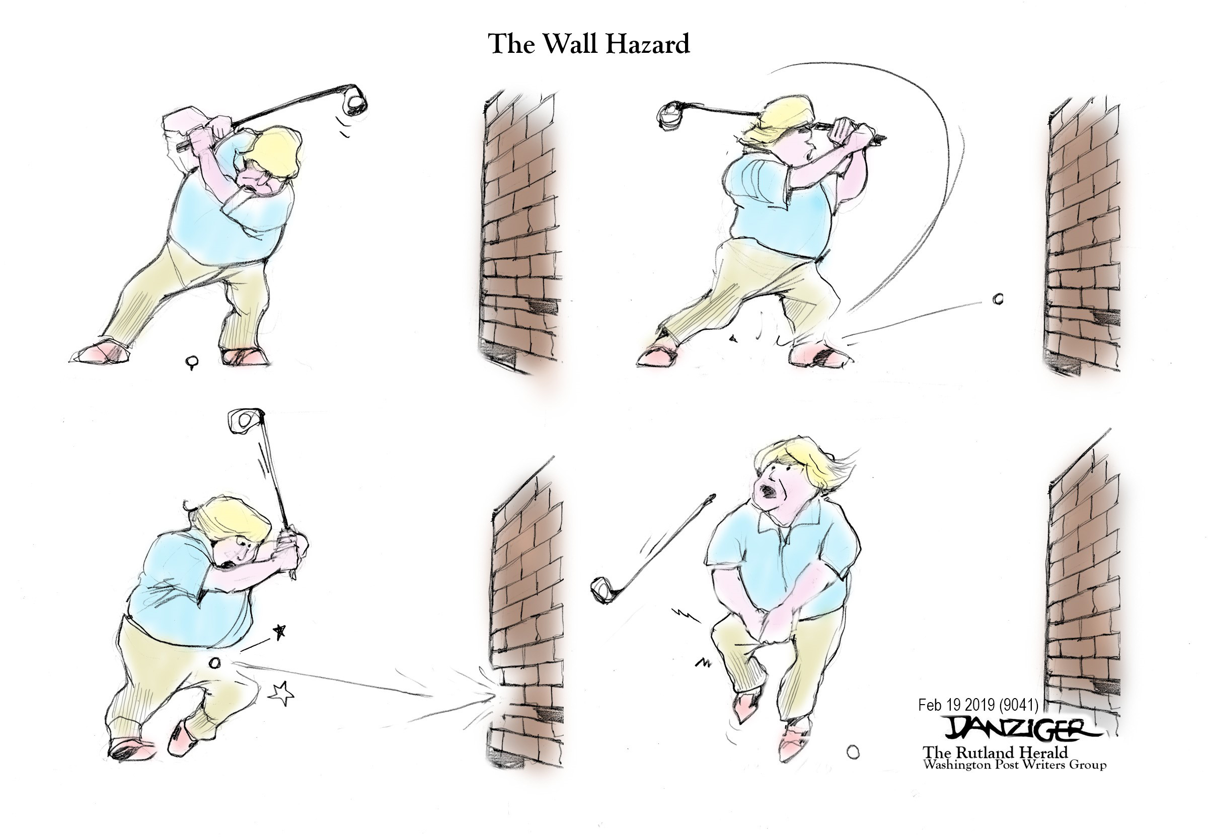 Cartoon in four parts which President Donald Trump tries to play golf in front of a brick wall and the ball bounces back and hits him.