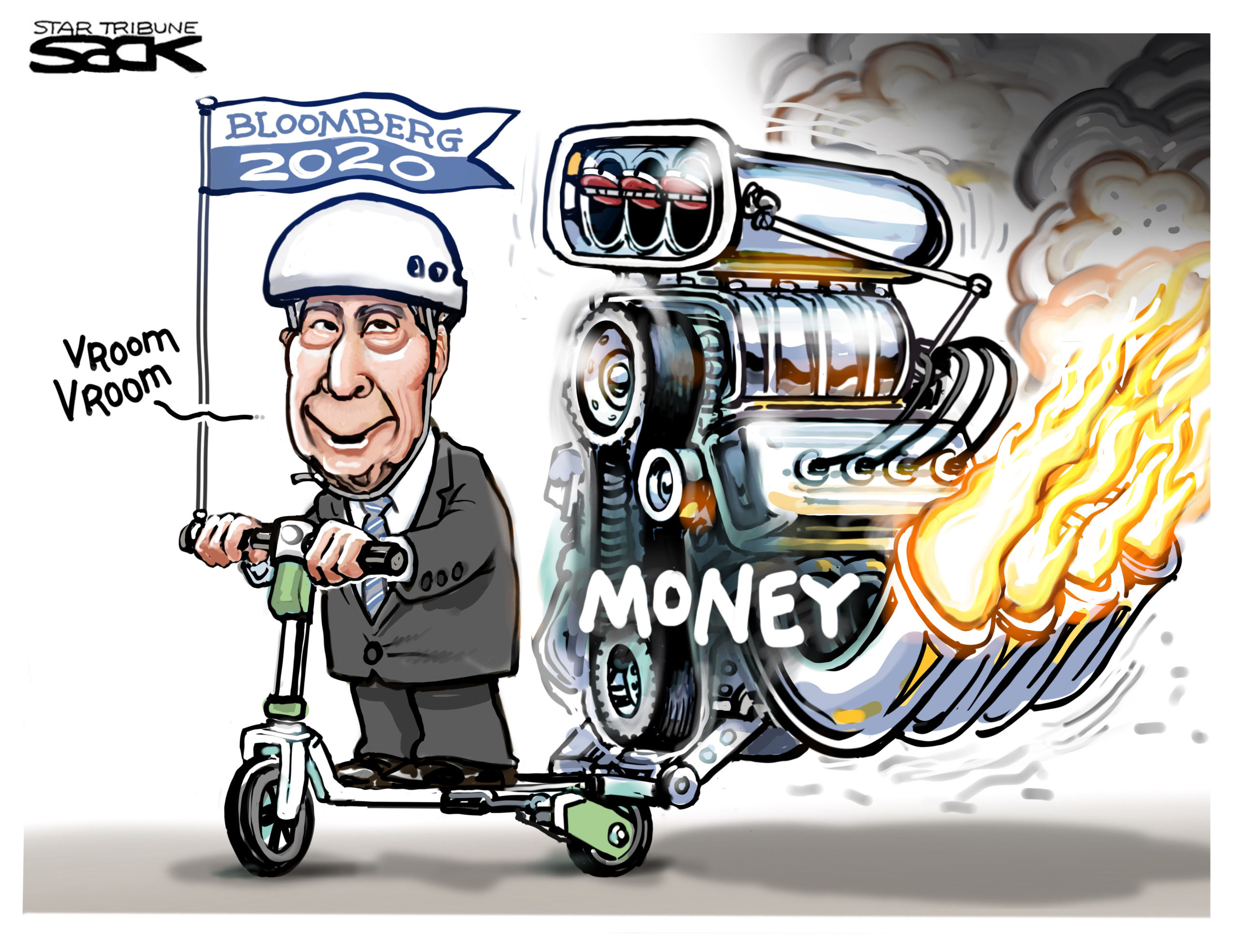 cartoon of michael bloom on a motorcycle labeled money