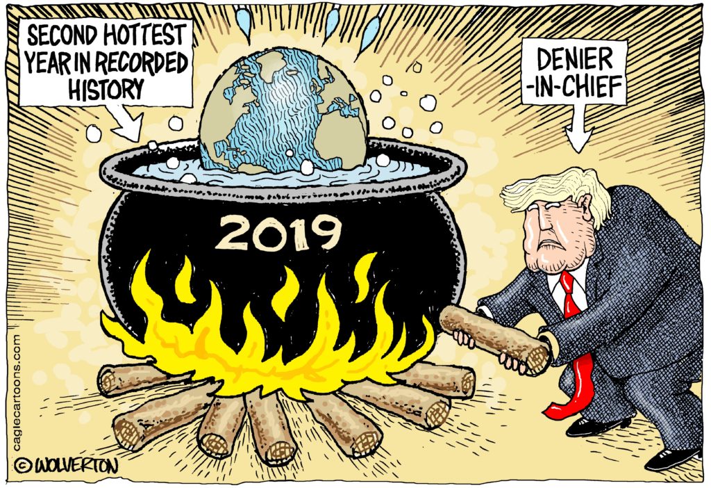 cartoon trump adding fire to a cauldron boiling the planet