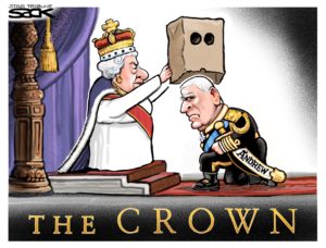 a cartoon of the queen of england crowning prince andrew with a paper bag