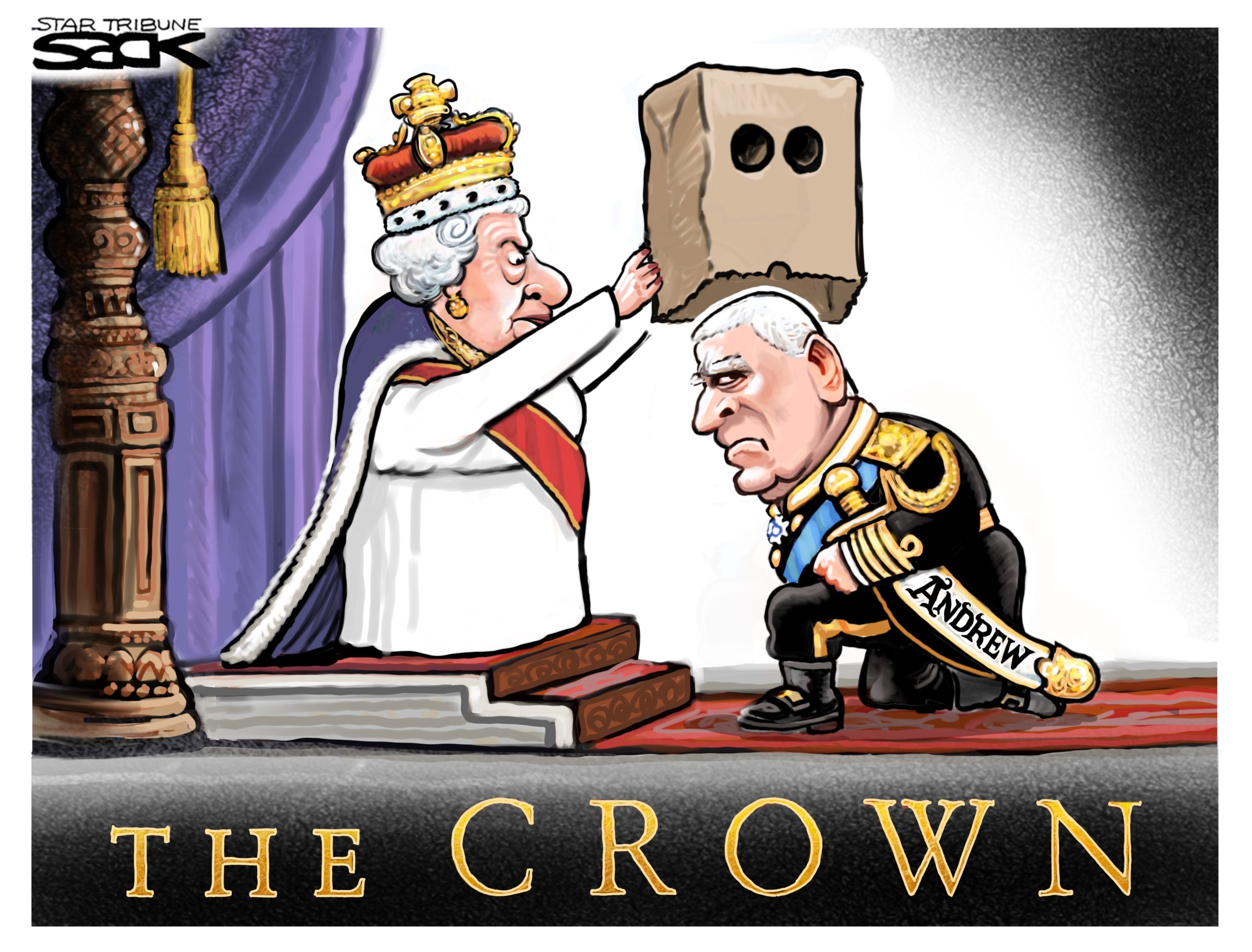 a cartoon of the queen of england crowning prince andrew with a paper bag