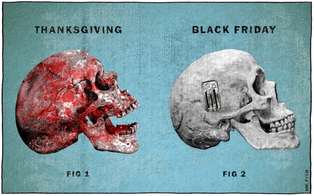 Cartoon showing one bloody skull and one with coin slots in its side