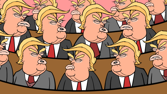 a cartoon of multiple trumps on benches