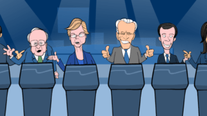 a cartoon of 2020 democrats on the debate stage