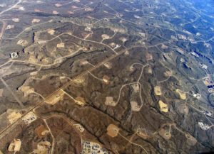 A dense web of roads connects a series of fracking sites.