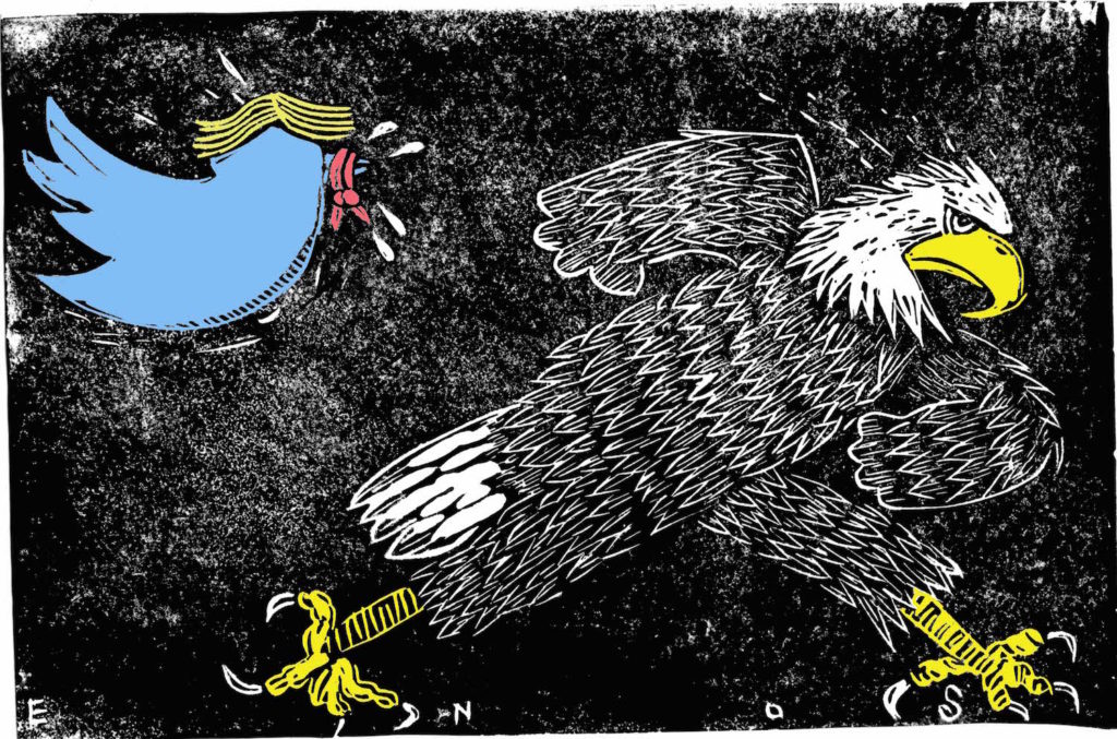 a cartoon of trump tweeting and the bald eagle