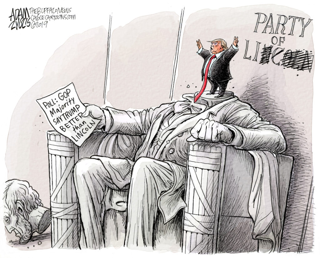 a cartoon of Trump replacing the head of Lincoln on his memorial