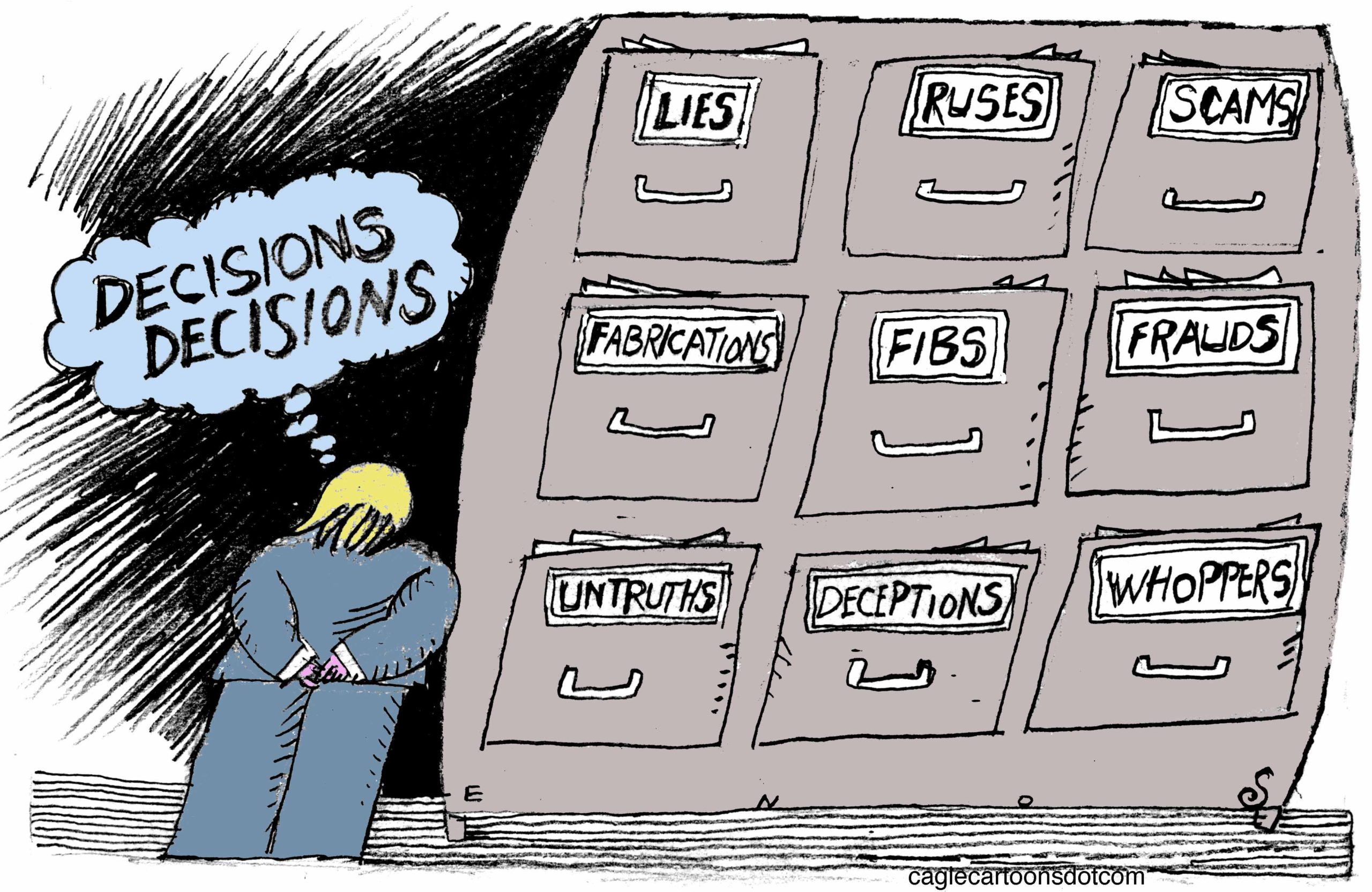 a cartoon about Trump contemplating lying