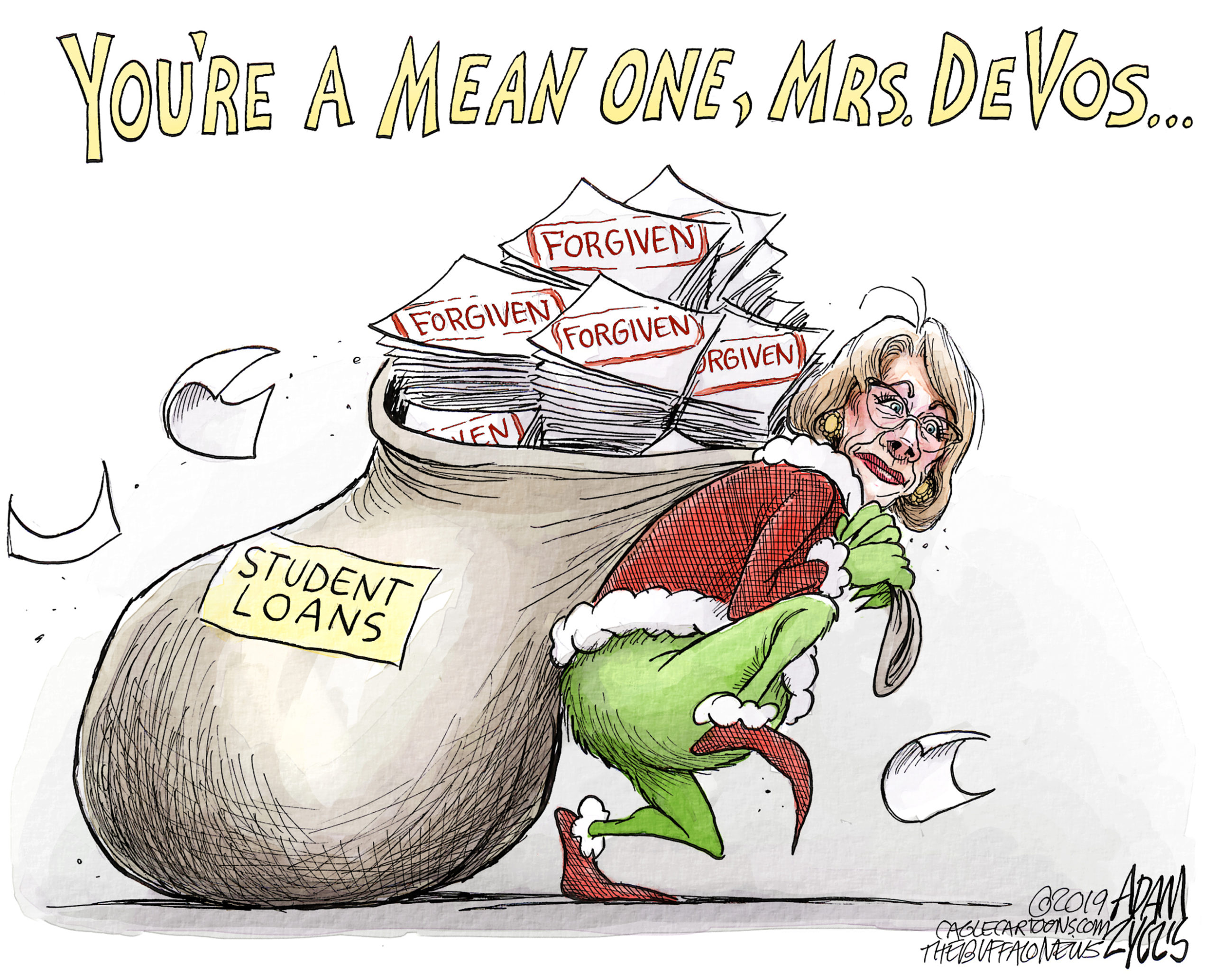 a cartoon of Betsy Devos as Dr. Seuss' Grinch