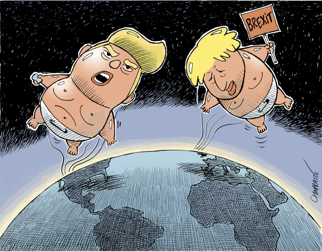 A cartoon of Donald Trump and Boris Johnson as baby blimps on top of the world