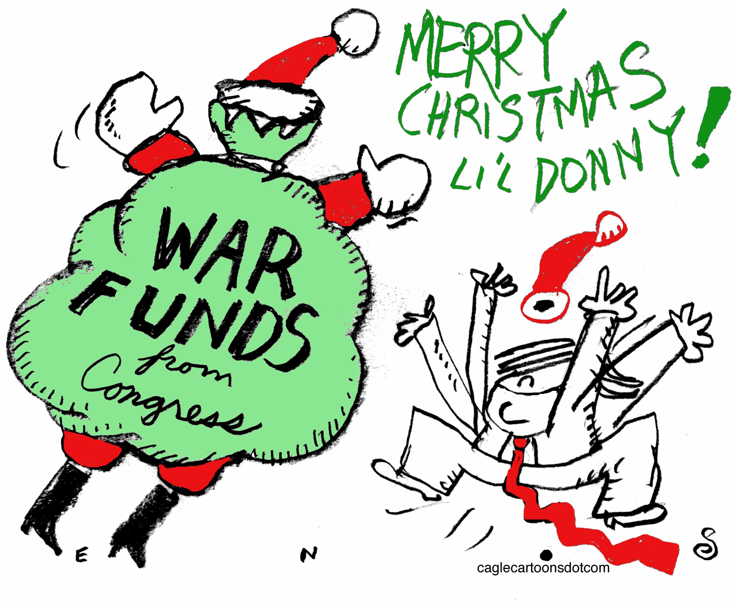 A Christmas-themed cartoon about war funds and Donald Trump.
