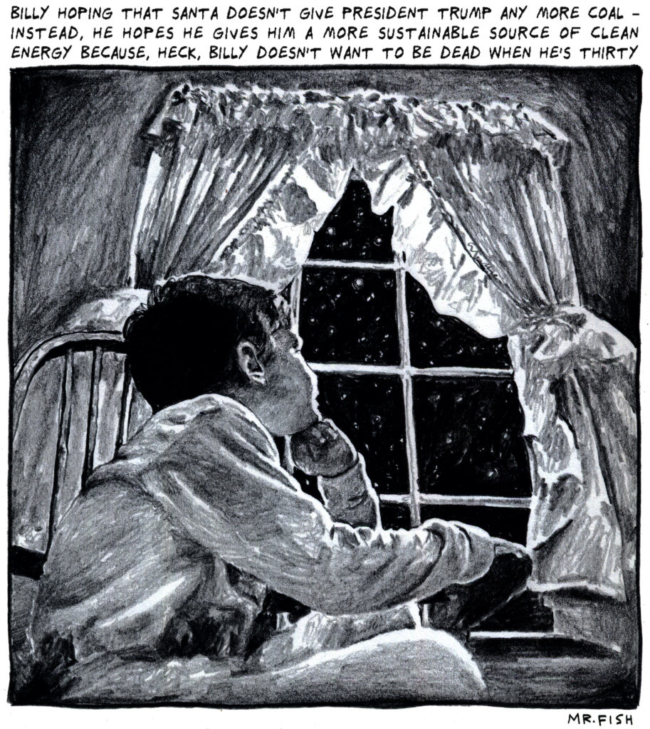 Cartoon of child in bed looking for Santa out the window