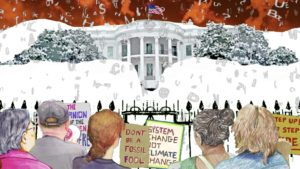 Still from a cartoon showing demonstrators outside a snow-covered White House