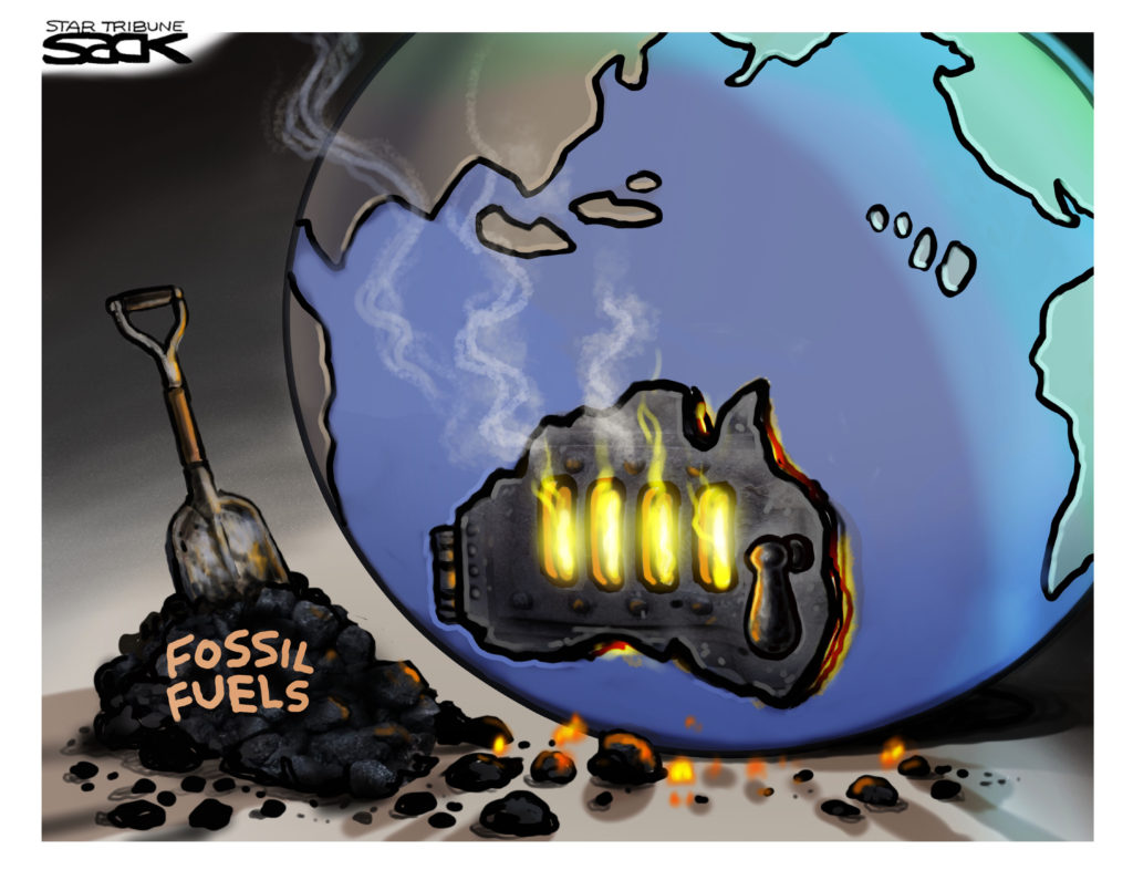 A cartoon about the role of fossil fuels in the Australia wildfires.