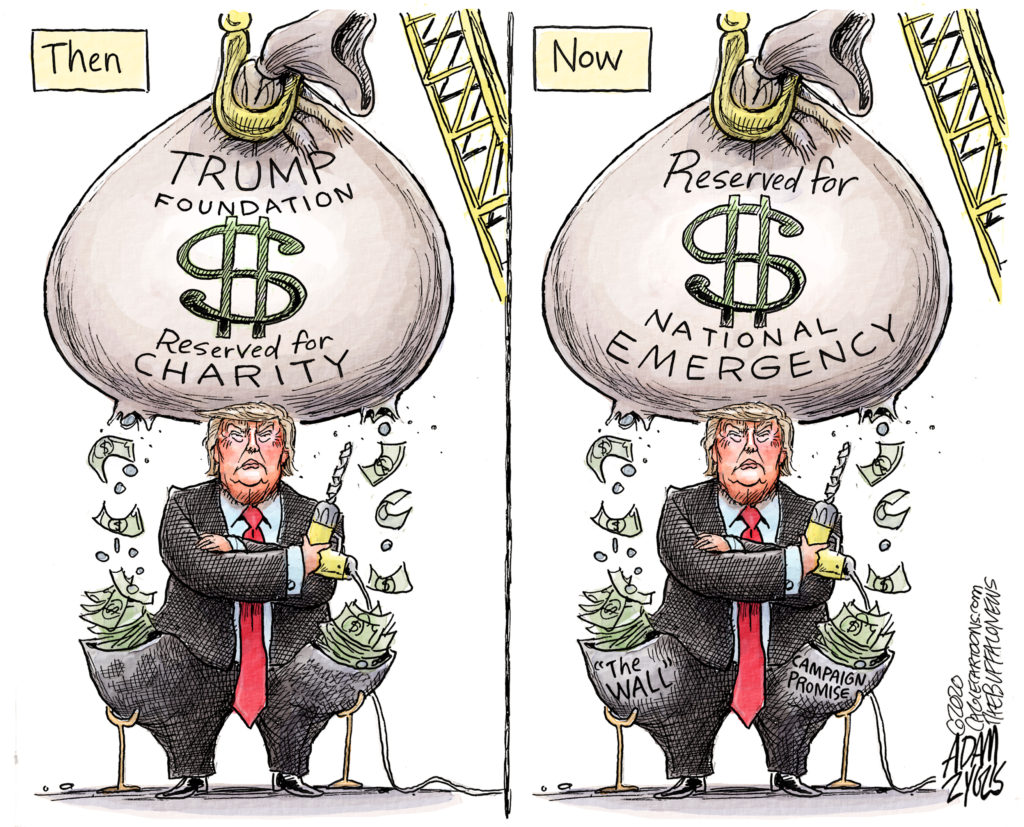 A cartoon about Donald Trump and money.