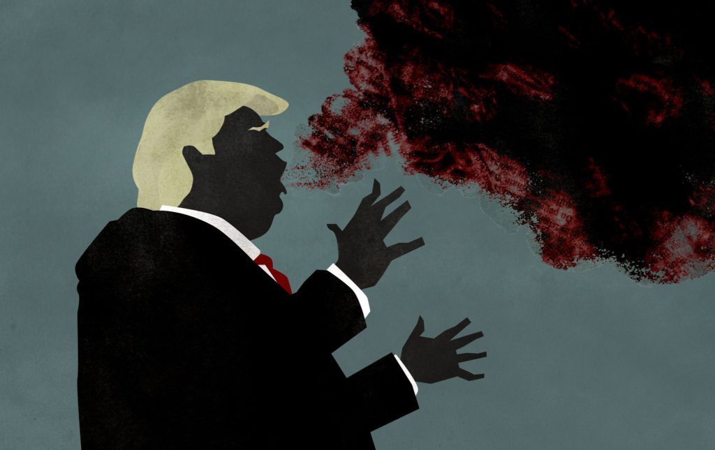 An illustration of President Trump blowing hot air.