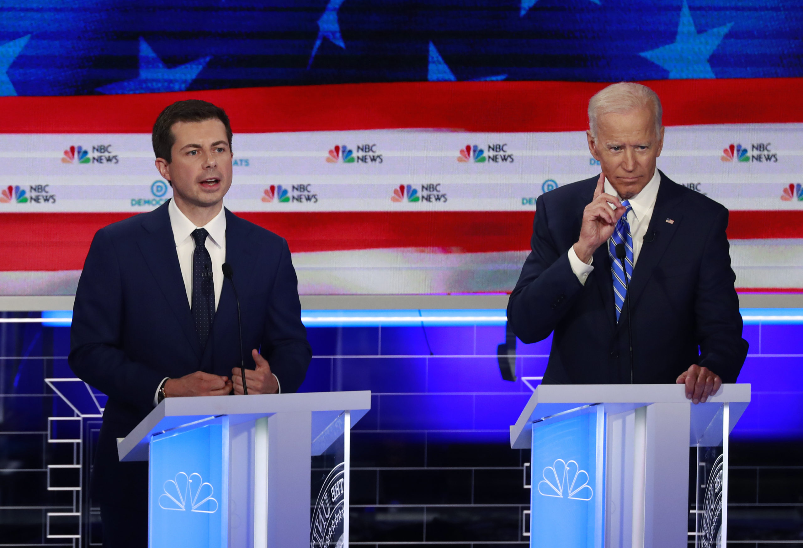 Mayor of South Bend, Ind., Pete Buttigieg, left, and former Vice President Joe Biden during a Democratic primary debate in Miami, Fl.