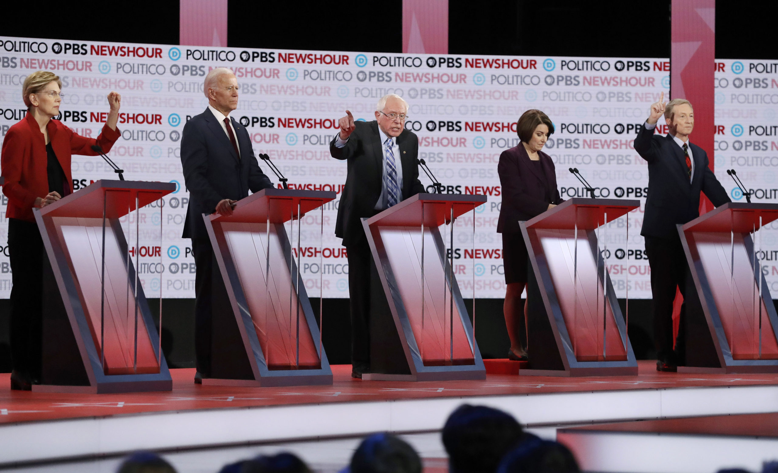 Democratic candidates Elizabeth Warren, Bernie Sanders, Amy Klobuchar, and Tom Steyer debate in Los Angeles, CA., in December.