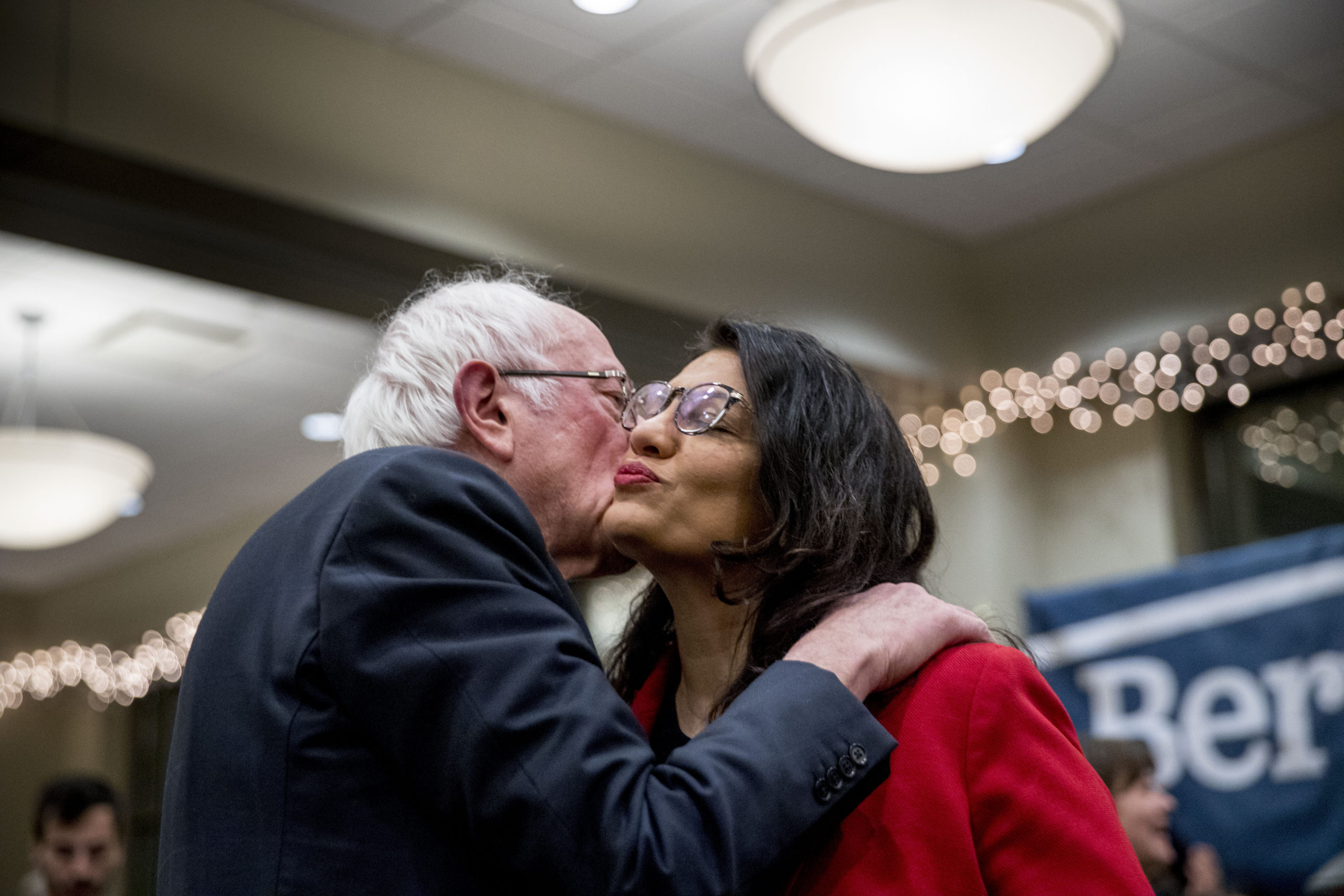 Sen. Bernie Sanders, I-Vt., greets Rep. Rashida Tlaib, D-Mich., in Davenport, Iowa.