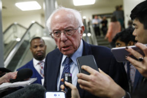 Sen. Bernie Sanders, I-Vt., speaks with reporters during the impeachment trial of President Donald Trump Wednesday.