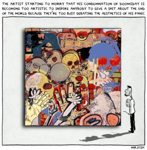 Political cartoon of an artist standing in front of a skull-filled painting