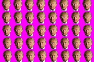 Designed image featuring a pattern of Donald Trump's head in the same pose against a pink background