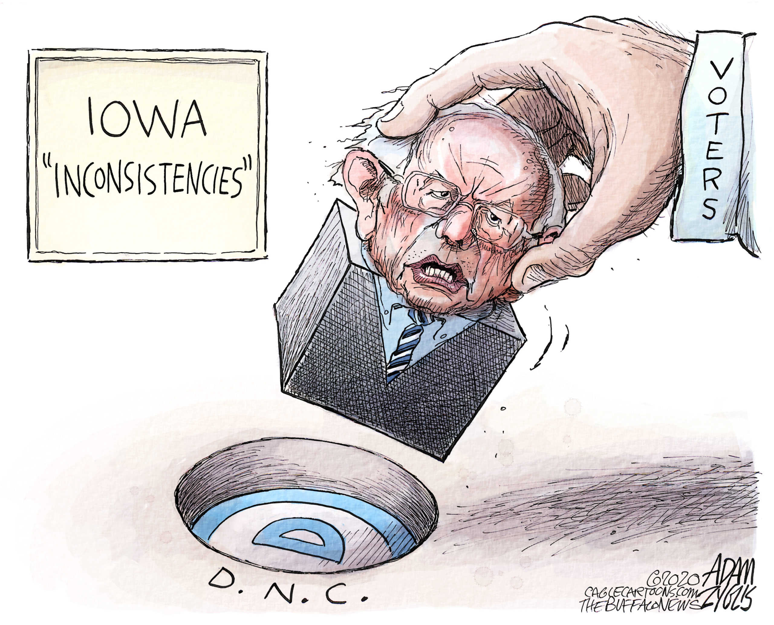A cartoon about the 2020 democratic Iowa caucuses.