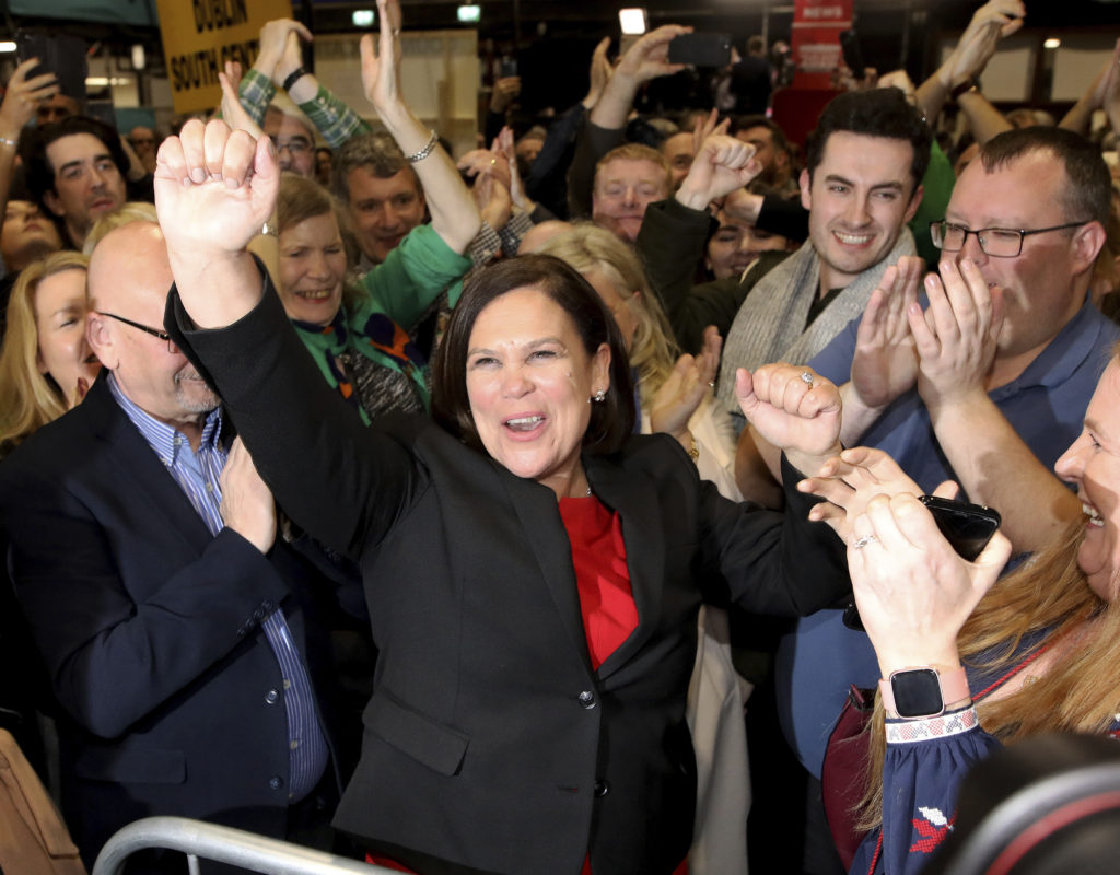 Sinn Fein leader Mary Lou McDonald celebrates the results of Sunday's elections with supporters.