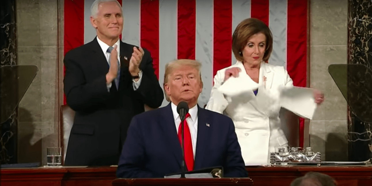 Mike Pence, Donald Trump and Nancy Pelosi during the 2020 State of the Union address.