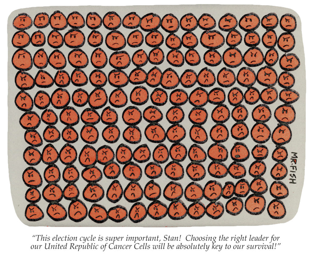 political cartoon featuring cancer cells with angry faces