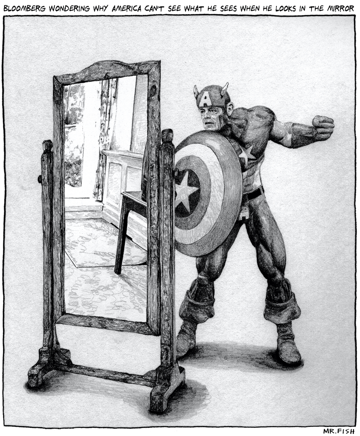 Cartoon of Michael Bloomberg dressed as Captain America