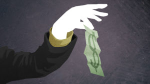 An illustration of money being dangled from a hand.