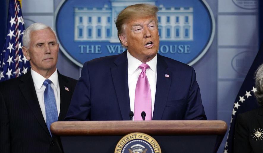 President Donald Trump, with Vice President Mike Pence, and other members of the President’s Coronavirus Task Force speaks during a news conference in the Brady Press Briefing Room of the White House, Wednesday, Feb. 26, 2020, in Washington. (AP Photo/Evan Vucci)