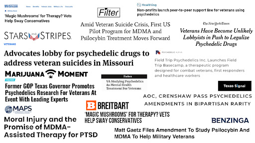 A collage of headlines, many from rightwing news sources, about psychedelics