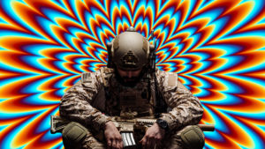 A soldier in combat gear sits cross-legged with a gun across his lap, looking down at the ground while a psychedelic burst of bright colors erupts behind him.