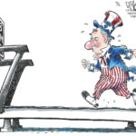 A cartoon of Uncle Sam wearing his signature red, white, and blue suit while running on a treadmill towards a sign that says Nov 8 Midterm Elections