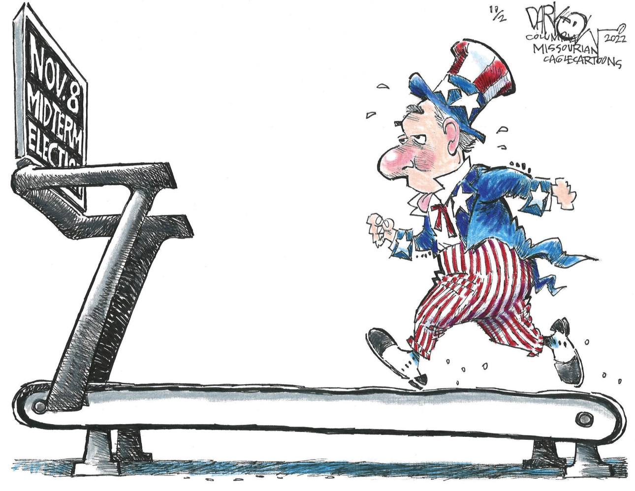 A cartoon of Uncle Sam wearing his signature red, white, and blue suit while running on a treadmill towards a sign that says Nov 8 Midterm Elections