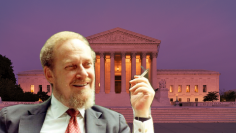 Robert Bork smoking a cigarette superimposed in front of the Supreme Court building which is drenched in red light.