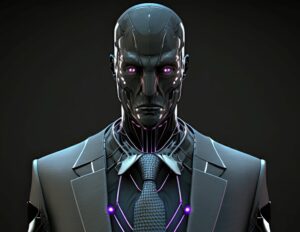 Cyborg CEO businessman. 3d render of android robot in business suit.