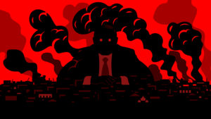 An illustration in black over a red background shows a faceless man with red eyes wearing a suit looking at the reader with smoke billowing behind him in the background.