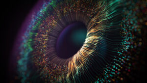 An illustration of an extreme close-up of the human eye, featuring a multi-colored iris surrounding a dark, black pupil.
